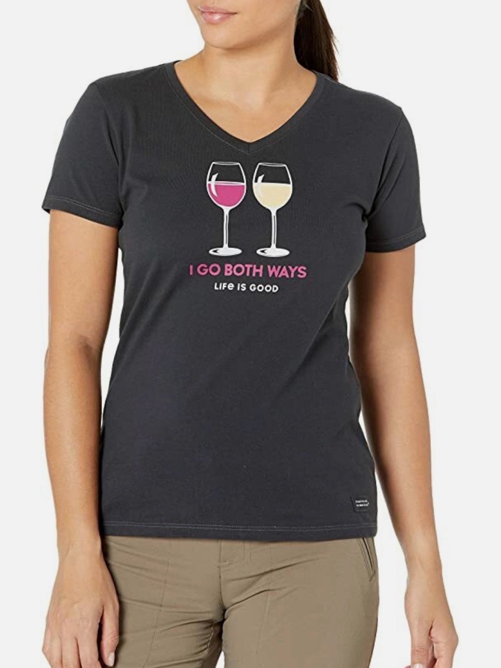 Life is Good Women’s 'I Go Both Ways' Charcoal Black V-Neck Tee